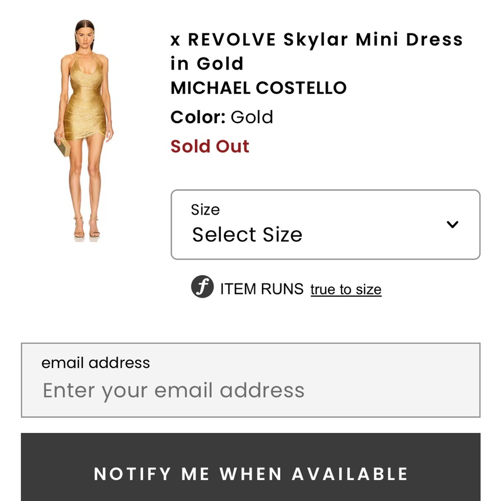 Michael Costello X Revolve gold halter dress. Sold out, never worn, with tags!